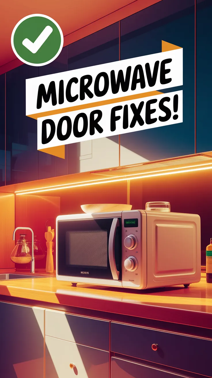 A microwave with a checkmark, highlighting solutions for microwave door alignment issues.