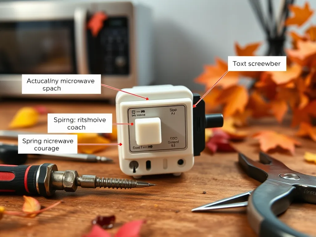 Microwave door switch with tools and autumn leaves illustrating the paperclip test for diagnosing switch failure