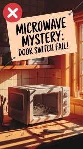 Image depicting a microwave with a warning sign related to door switch failure