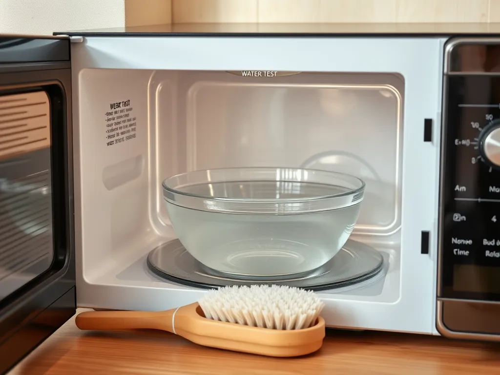 Inside a microwave showing a bowl of water with a brush, highlighting the importance of cleaning to prevent dust bunnies from clogging ventilation.