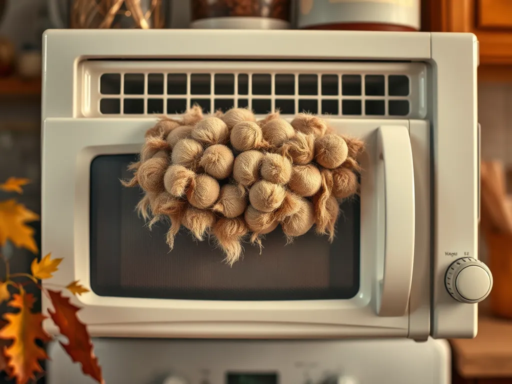 A microwave covered with dust bunnies, emphasizing the dangers of clogged ventilation.