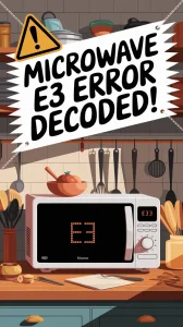 Illustration of a microwave displaying E3 error code in a kitchen setting, related to microwave error codes and safety.