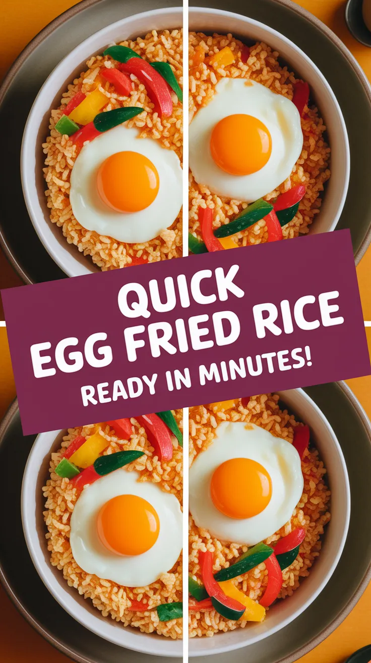 Delicious microwave egg fried rice bowl topped with fried eggs and colorful vegetables.