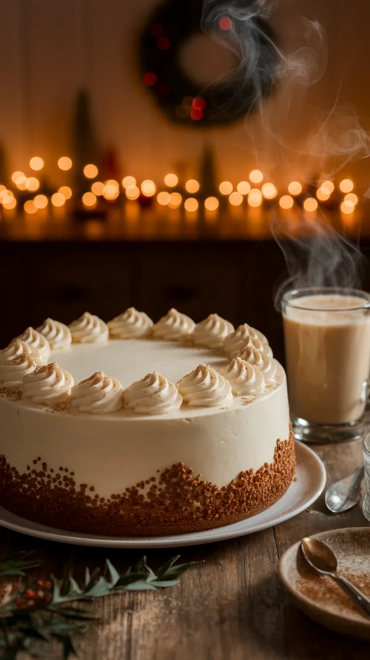 Delicious microwave eggnog latte cake with cream frosting and festive background
