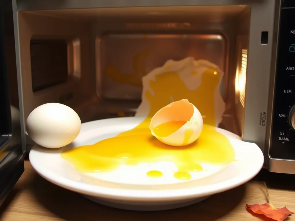 Microwave with exploded eggs and yolk, illustrating why microwave eggs often explode.
