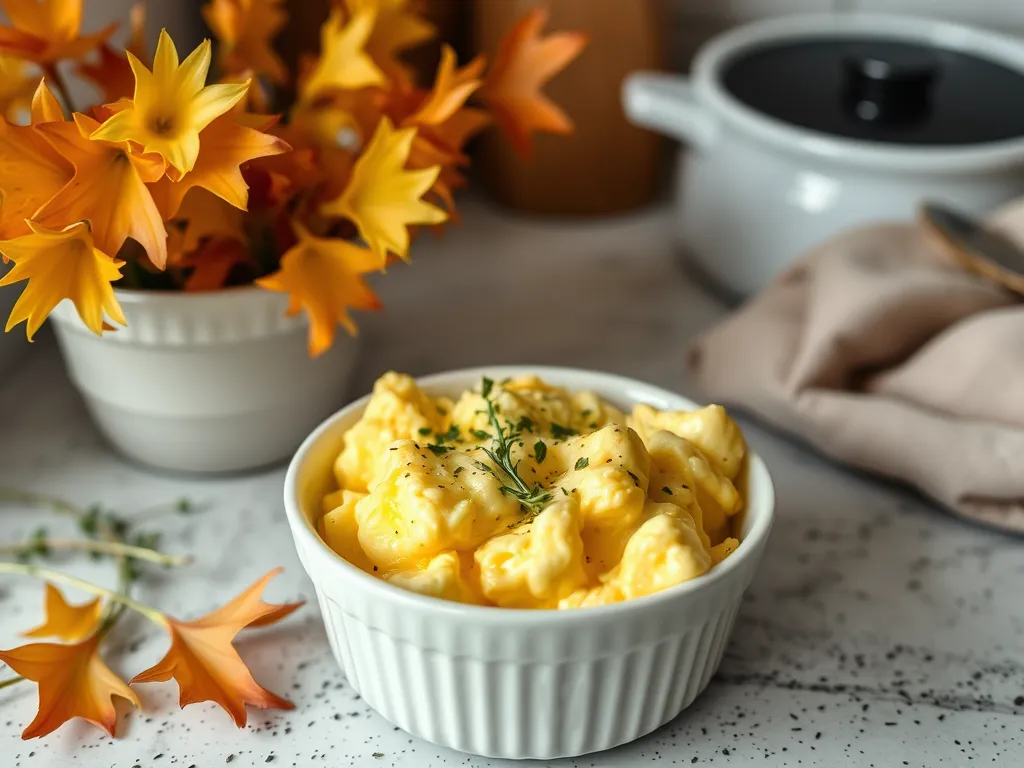 Fluffy scrambled eggs cooked in a ramekin, illustrating how to microwave eggs without sticking.