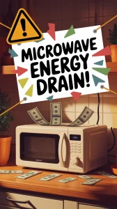 Illustration depicting a microwave with money notes, highlighting energy costs associated with leaving it plugged in.