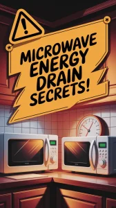 Microwave oven with a warning sign discussing energy drain secrets, related to how microwaves affect energy bills.
