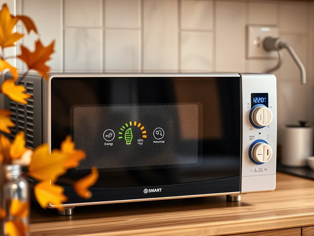 A modern microwave with energy-saving indicators highlighting how to reduce energy bills.