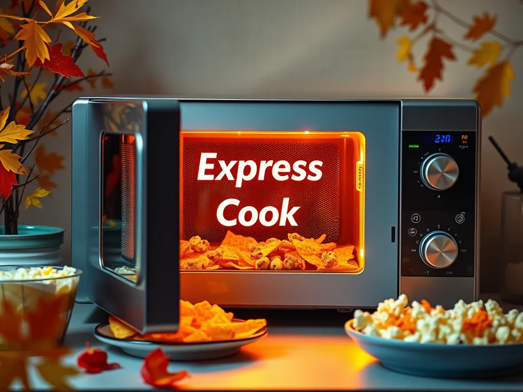 Microwave showcasing the Express Cook symbol with snacks inside