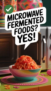 Bowl of kimchi in front of a microwave illustrating the concept of microwaving fermented foods.