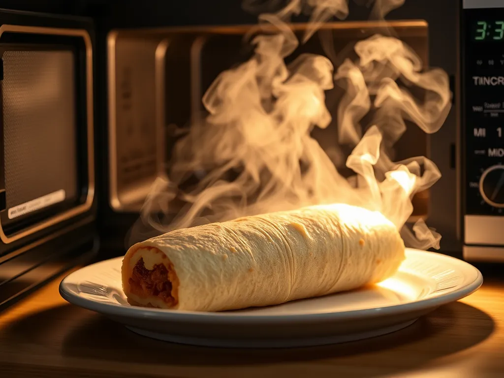 A steaming frozen burrito in a microwave for optimal heating.