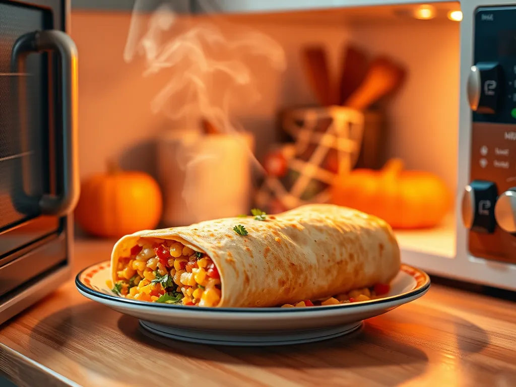 A perfectly microwaved frozen burrito steaming on a plate, ideal for quick meals.