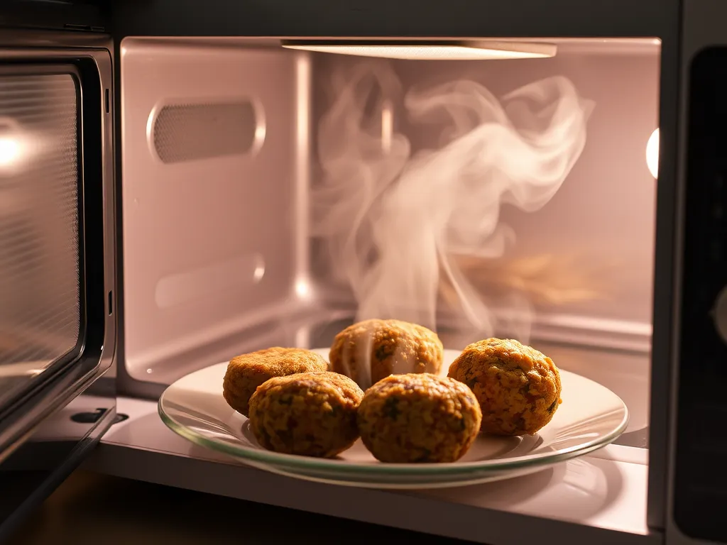 Hot, freshly microwaved frozen falafel balls ready to enjoy.