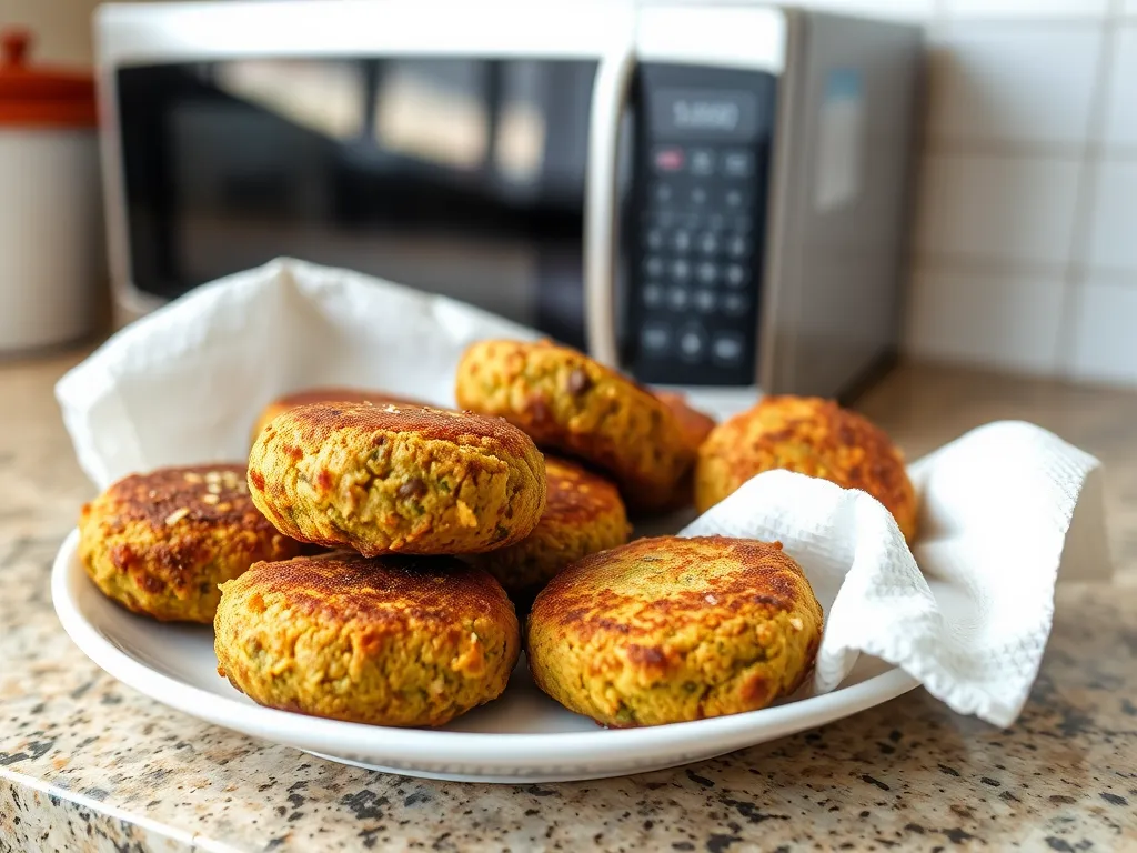 Plate of golden-brown falafel ready to be microwaved for a quick meal.