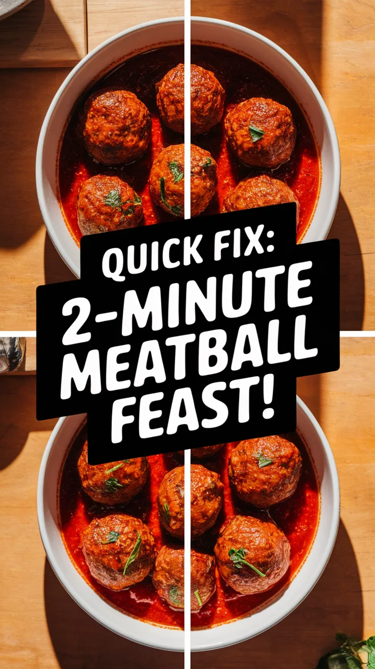 Plateful of microwaved frozen meatballs in sauce for quick dinner.