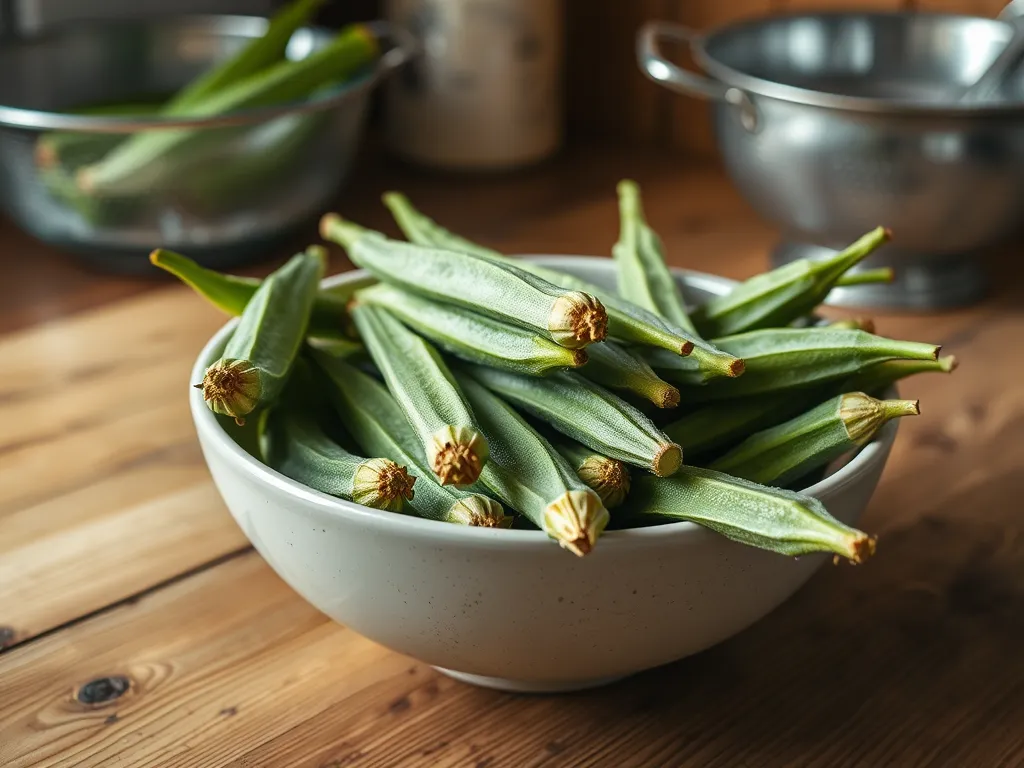 Fresh frozen okra in a bowl ready for microwaving to avoid sliminess