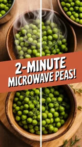 Bowl of cooked frozen peas ready in 2 minutes using the microwave.