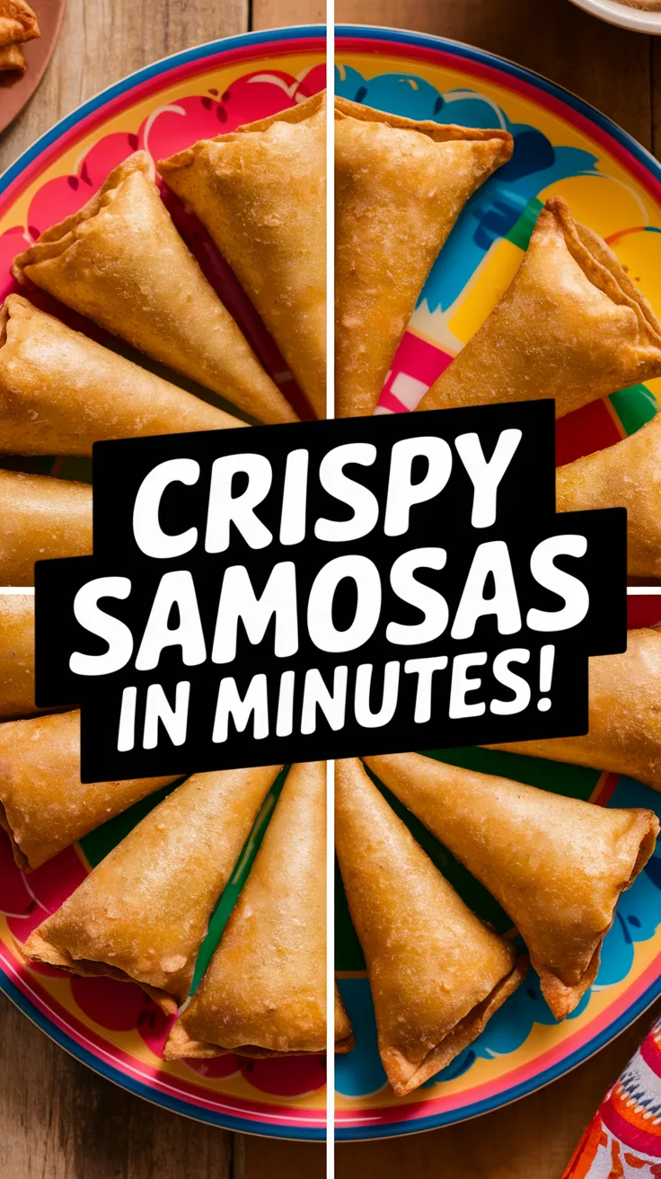 Freshly microwaved crispy frozen samosas arranged on a colorful plate
