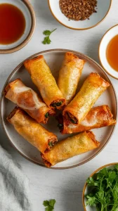 Perfectly microwaved frozen spring rolls on a plate with dipping sauce