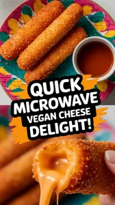 Deliciously crispy microwave vegan cheese sticks served with dipping sauce.