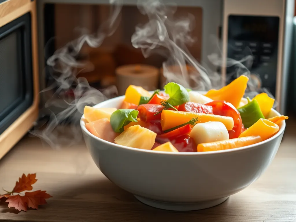 Steaming bowl of fruits and vegetables representing microwave use and gut flora impacts.