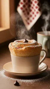 Delicious microwave funfetti mug cake topped with sprinkles and a chocolate chip, freshly made.