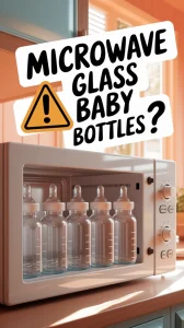 Glass baby bottles inside a microwave, illustrating the topic of sterilization.