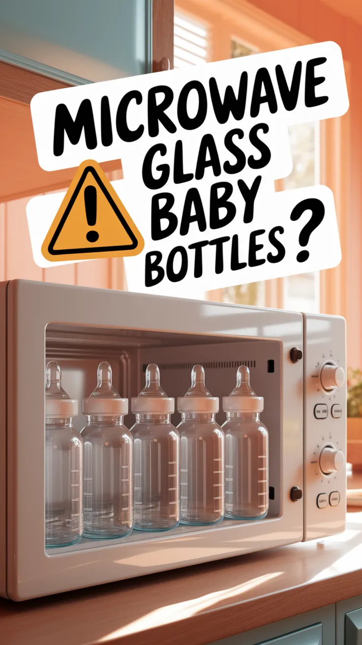 Glass baby bottles inside a microwave, illustrating the topic of sterilization.