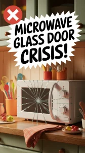 A broken microwave glass door with a cracked surface, illustrating a common kitchen issue.
