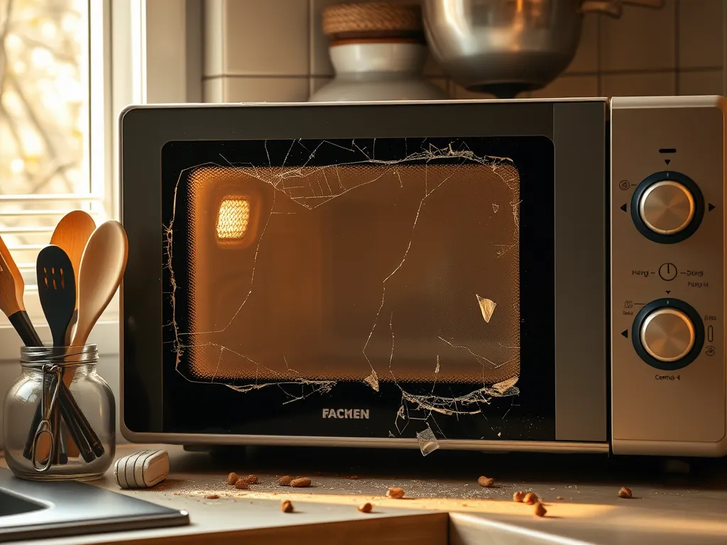 A shattered microwave glass door illustrating a temporary fix for microwave issues