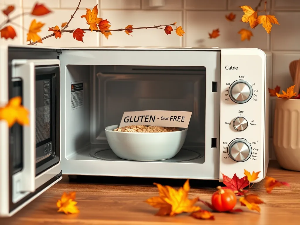 Microwave with a bowl labeled 'Gluten - Best Free' representing gluten sensitivity in relation to microwaves.