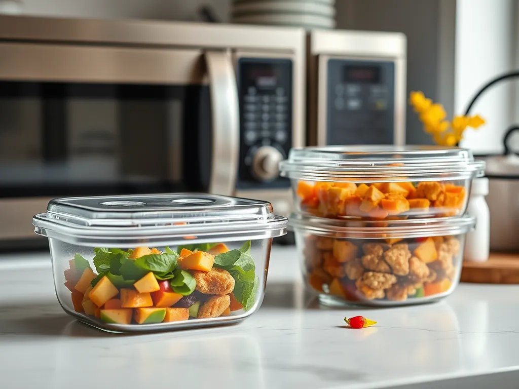 Healthy food stored in glass containers near a microwave, emphasizing microwave safety and gluten sensitivity.
