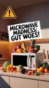 Microwave surrounded by various fruits and vegetables highlighting gut flora disruption concerns