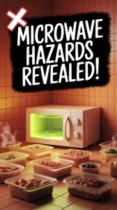 Image showing microwave food preparation with potential hazards related to common microwave habits.