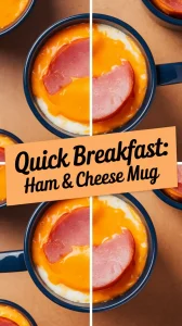 A delicious 2-Minute Microwave Ham & Cheese Breakfast Mug with melted cheese and ham slices.