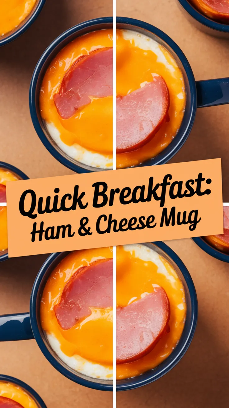 A delicious 2-Minute Microwave Ham & Cheese Breakfast Mug with melted cheese and ham slices.