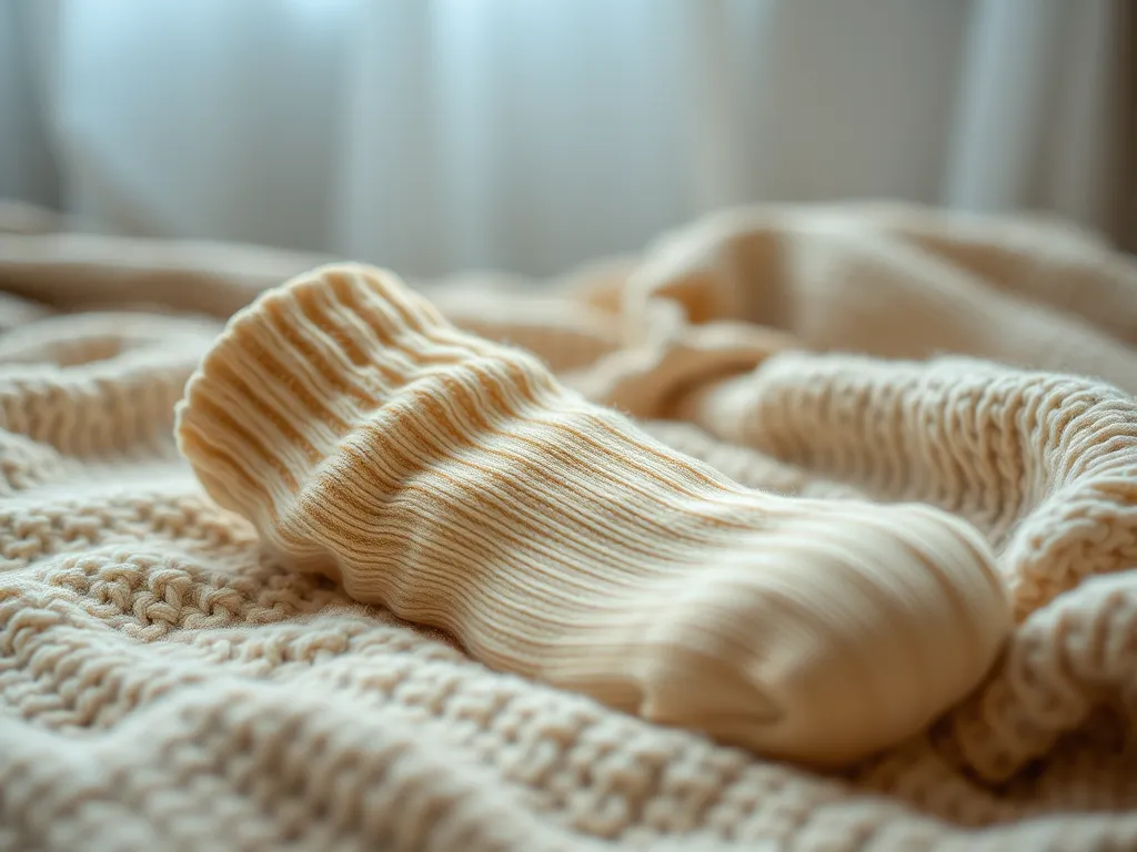 A cozy sock on a knitted blanket, representing hand warmers in a microwave context.