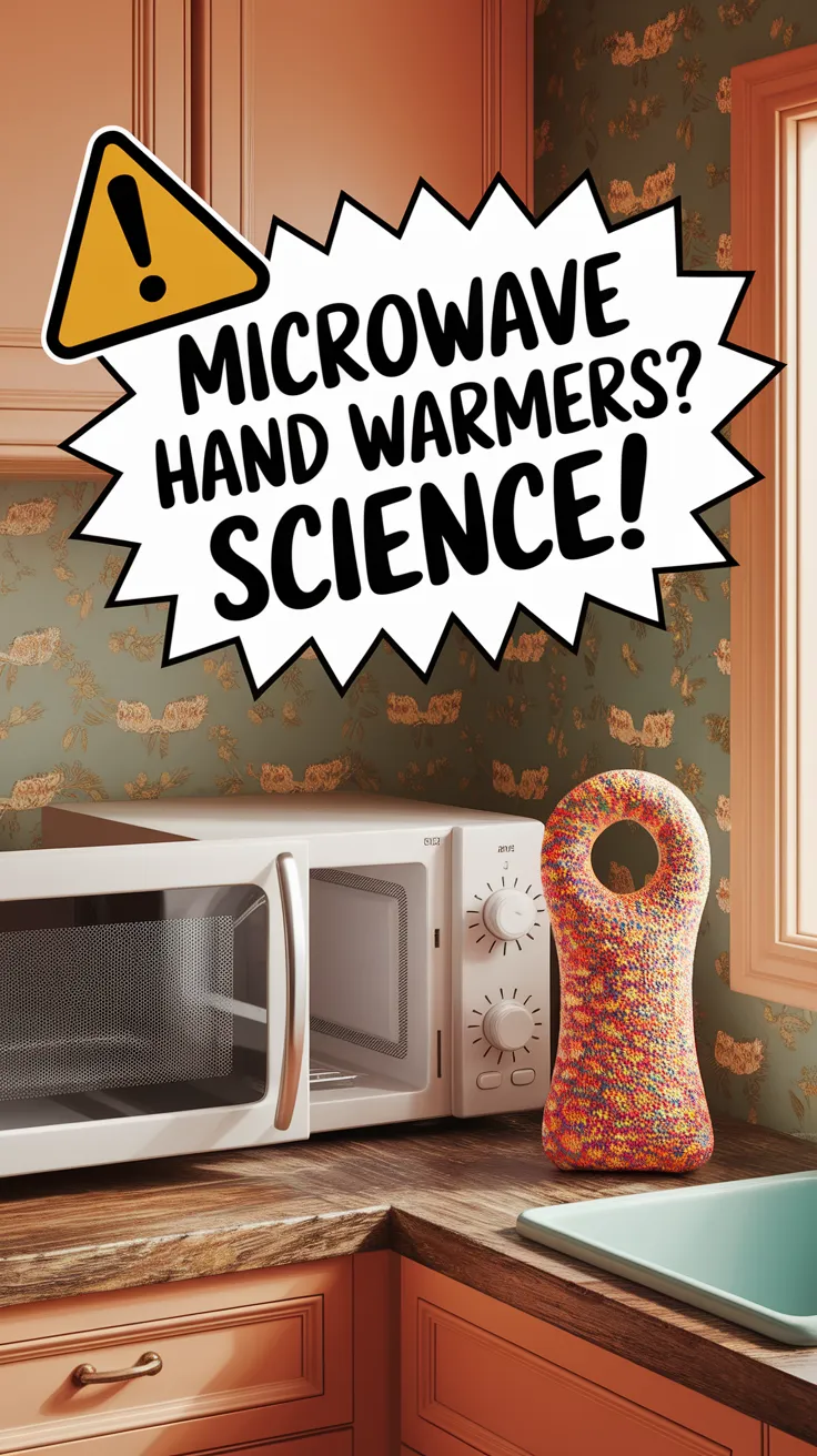 A microwave with a colorful hand warmer, discussing if microwaving hand warmers is safe.