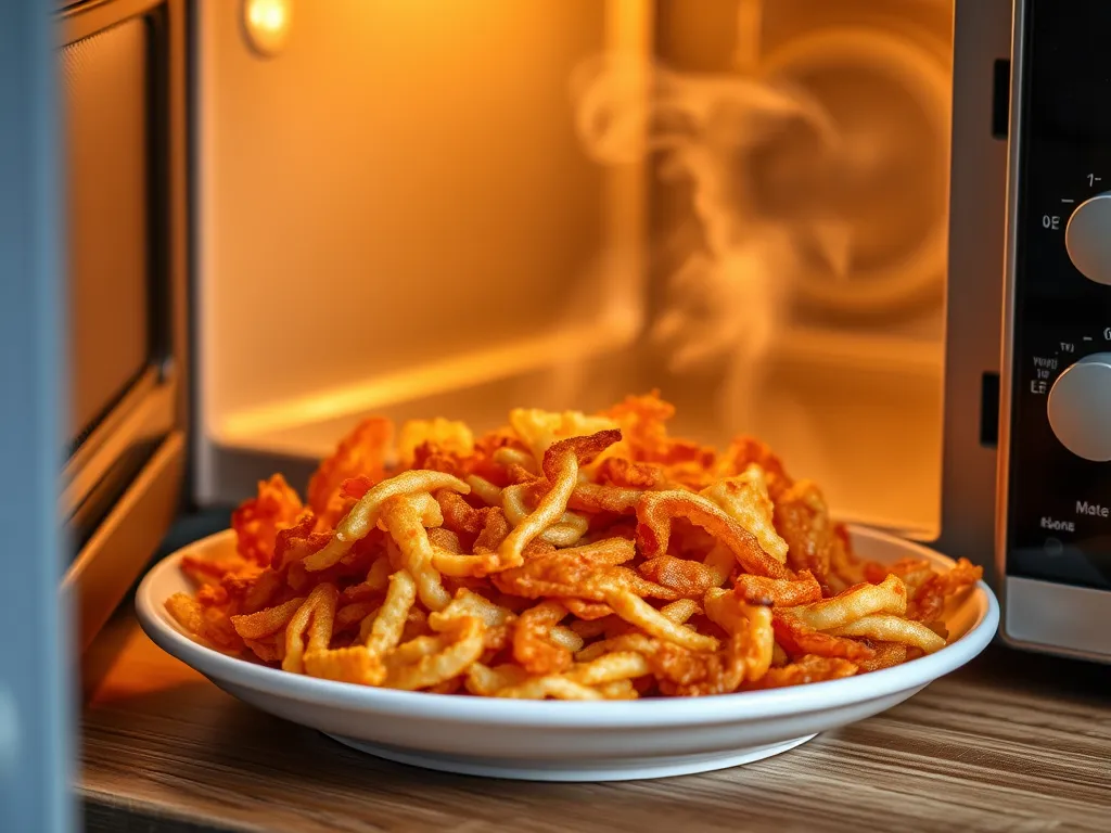 Plate of crispy hash browns cooking in the microwave