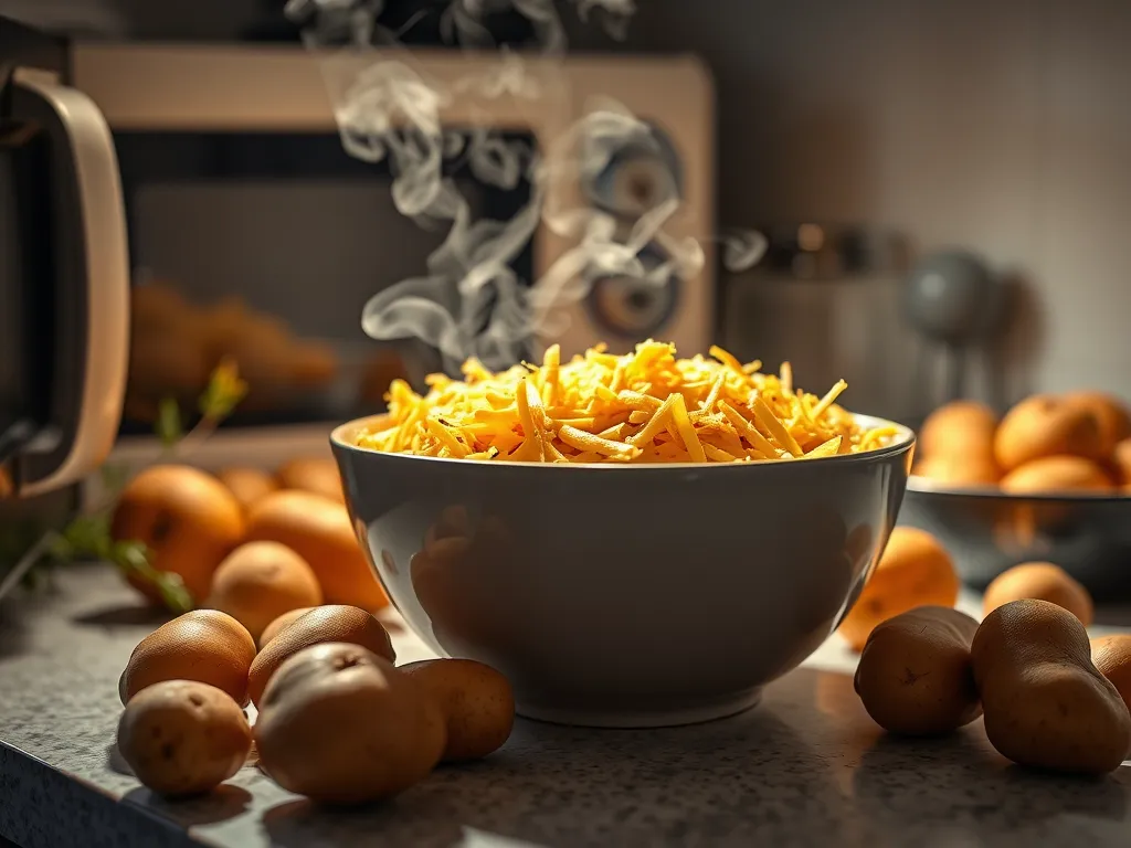 A bowl of steaming hash browns prepared in the microwave surrounded by potatoes.