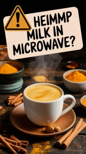 A steaming cup of golden milk latte made with hemp milk, surrounded by spices.