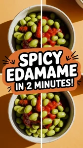 Delicious quick microwave honey sriracha edamame served in a bowl with sauce.