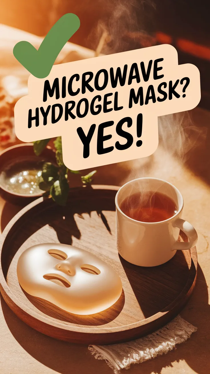 Hydrogel face mask on a wooden tray next to a cup of tea, emphasizing spa experience.