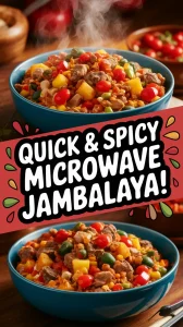 Delicious One-Pot Jambalaya made in the microwave, featuring meat, vegetables, and spices.