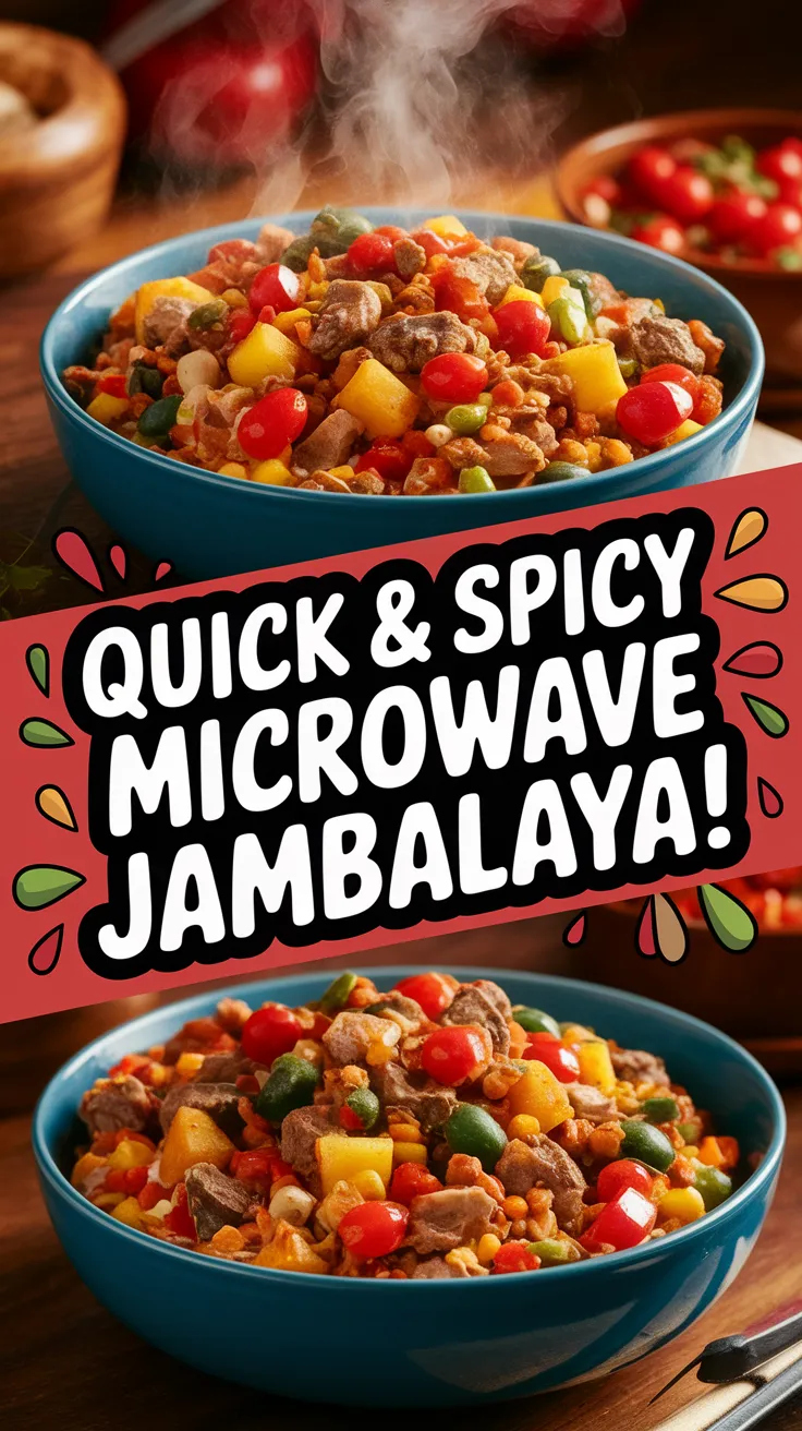 Delicious One-Pot Jambalaya made in the microwave, featuring meat, vegetables, and spices.
