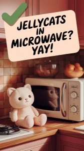 A cute Jellycat plush toy next to a microwave, illustrating the topic of microwaving Jellycats.