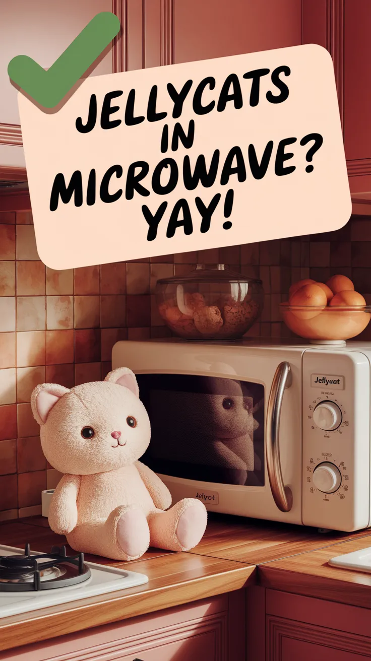 A cute Jellycat plush toy next to a microwave, illustrating the topic of microwaving Jellycats.
