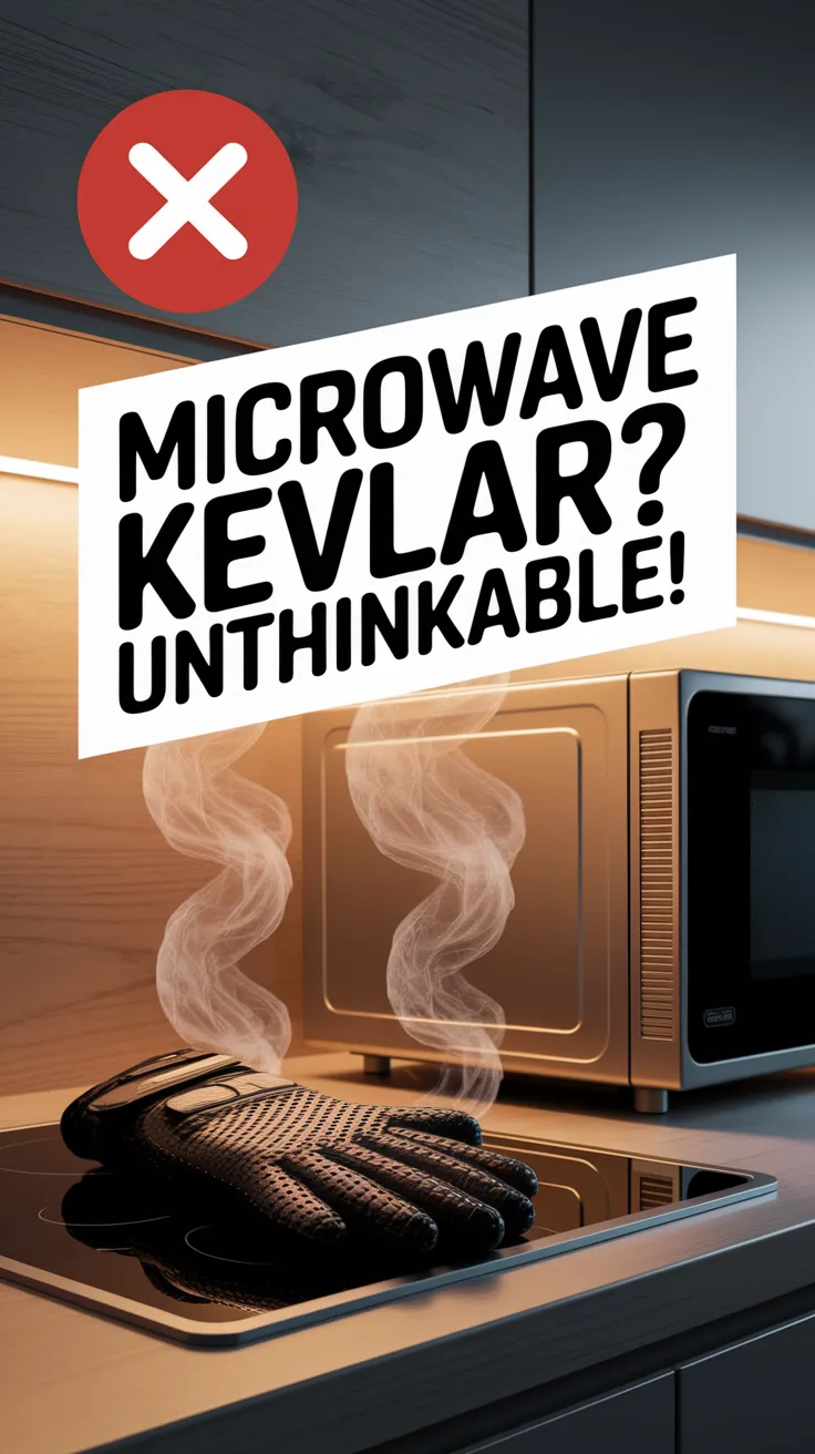 A graphic warning against microwaving Kevlar gloves for sterilization.