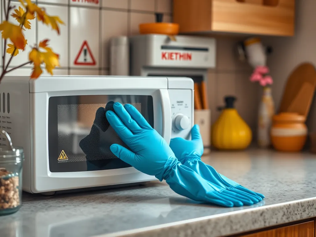 Person wearing blue gloves interacting with a microwave, discussing sterilization of Kevlar gloves.